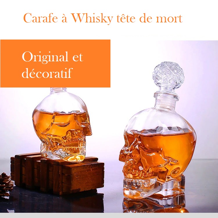 Set Carafe En Verre Tête De Mort 750 Ml + 4 Verres 45 Ml - Pour Whisky, Liqueurs, Cadeau Élégant